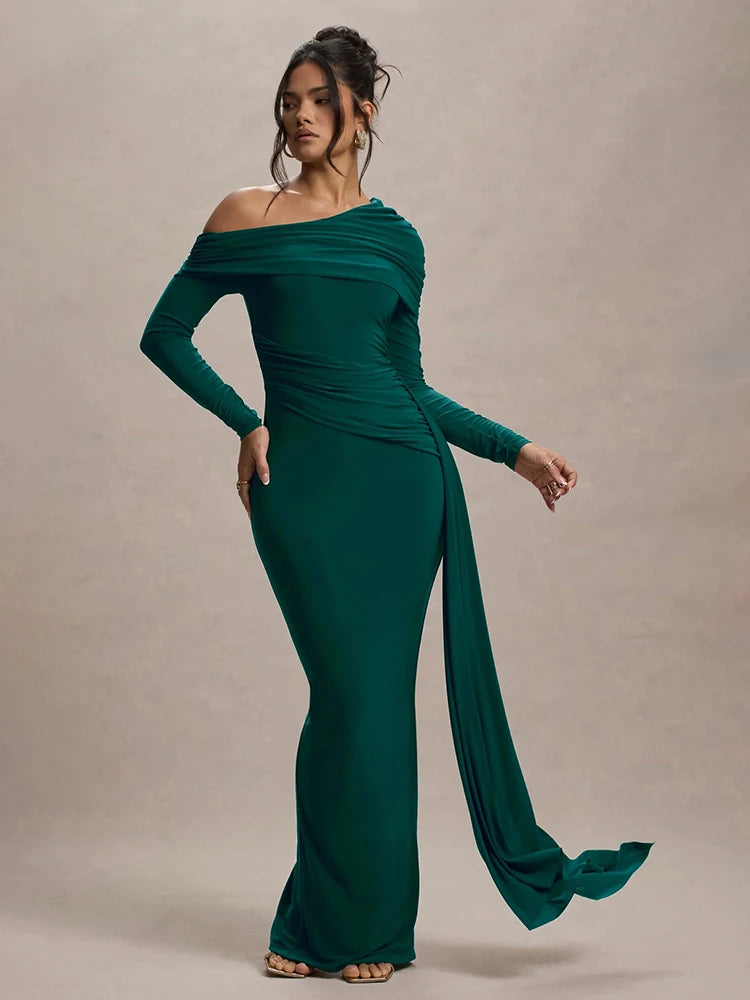 Skew Collar Long Sleeve Sexy Maxi Dress For Women Gown Fashion Backless Draped Ruched Bodycon Club Long Dress Elegant - green - M