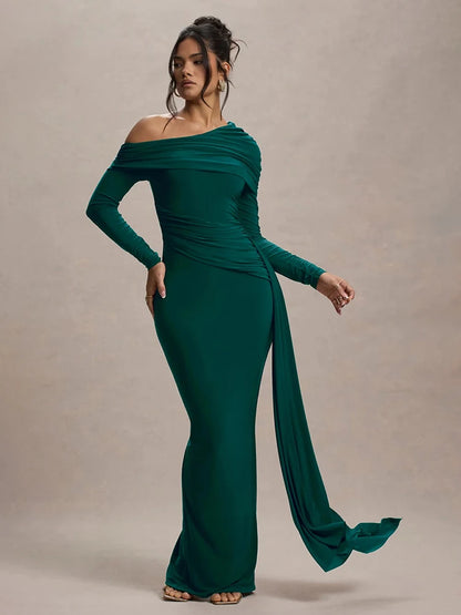 Skew Collar Long Sleeve Sexy Maxi Dress For Women Gown Fashion Backless Draped Ruched Bodycon Club Long Dress Elegant - green - M