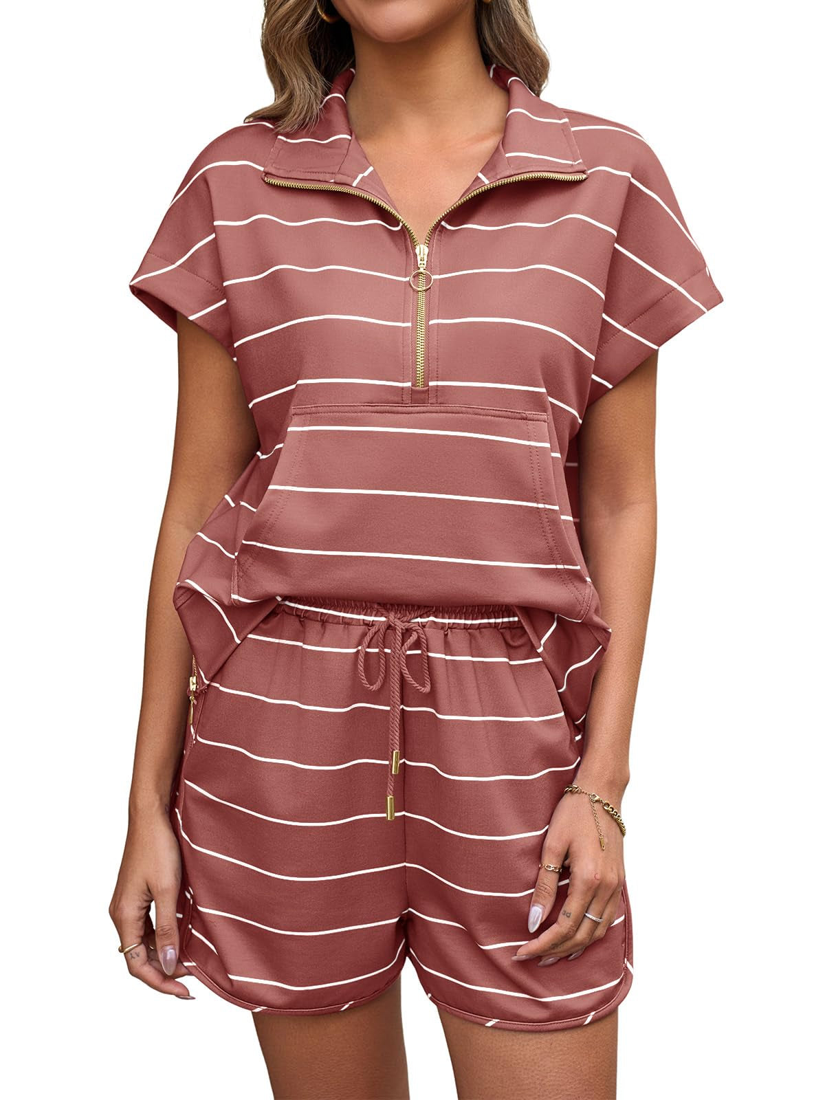 Fisoew Women Summer 2 Piece Outfits Striped Short Sleeve Zipper Shirts Casual Shorts Loose Lounge Short Sets