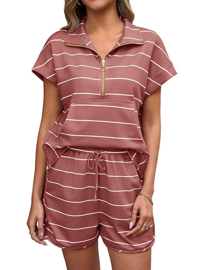 Fisoew Women Summer 2 Piece Outfits Striped Short Sleeve Zipper Shirts Casual Shorts Loose Lounge Short Sets