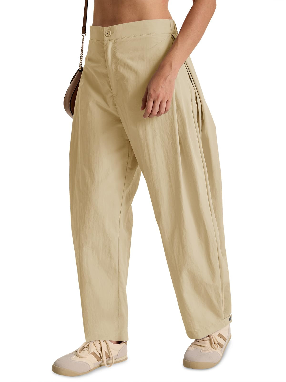Fisoew Barrel Pants Women Casual Wide Leg Baggy Pants Side Pleated Horseshoe Style Trousers With Pockets