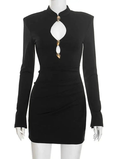 Hollow Out Long Sleeve Sexy Mini Dress Women Gown Elegant Winter New Half High Collar Metal Buckle Club Party Dresses