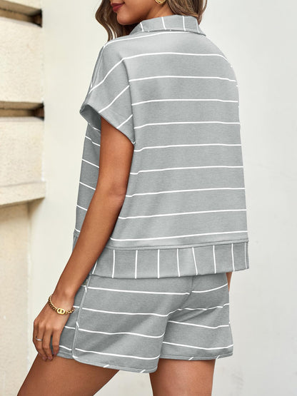 Fisoew Women Summer 2 Piece Outfits Striped Short Sleeve Zipper Shirts Casual Shorts Loose Lounge Short Sets