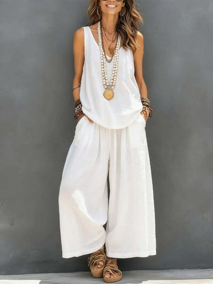 Womens Solid-Colored Casual Sleeveless Tank Top And Wide-Leg Pants Cotton-Linen Set For Daily Wear Holiday Outfit