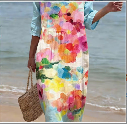 Women's Loose Round Neck Fashion Premium Long Sleeve Printed Dress