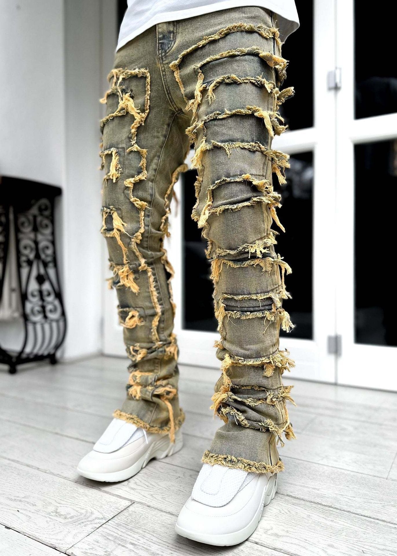 Fashion Stretch Patch Denim Straight-leg Pants