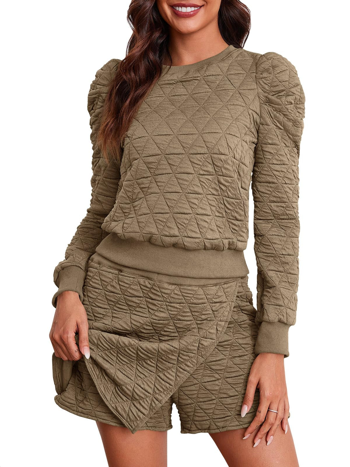 Fisoew Women's 2 Piece Lounge Wear Set Long Sleeve Argyle Sweatshirts And Wrap Skorts Casual Sets