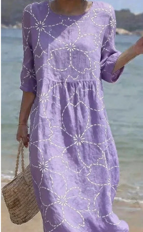 Women's Loose Round Neck Fashion Premium Long Sleeve Printed Dress
